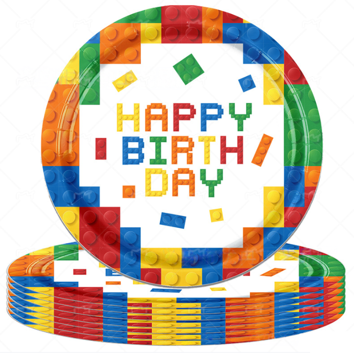 Bouwstenen verjaardagsfeestset, leuke tafelkleed, borden en servetten in Gobricks-stijl voor een feestje met bouwstenen als decoratie.