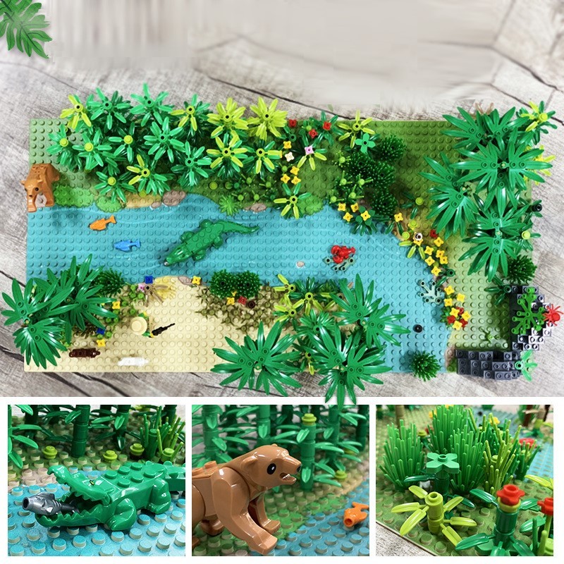 Tropisch regenwoud scène set, bloemen, gras, bos, rivieroever scène bouwblokken, boom, dier en plant scène MOC - Geen tekeningen