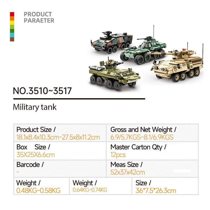 3510-3517 Compatibel met kleine bouwstenen voor militaire pantservoertuigen en tankmodellen.