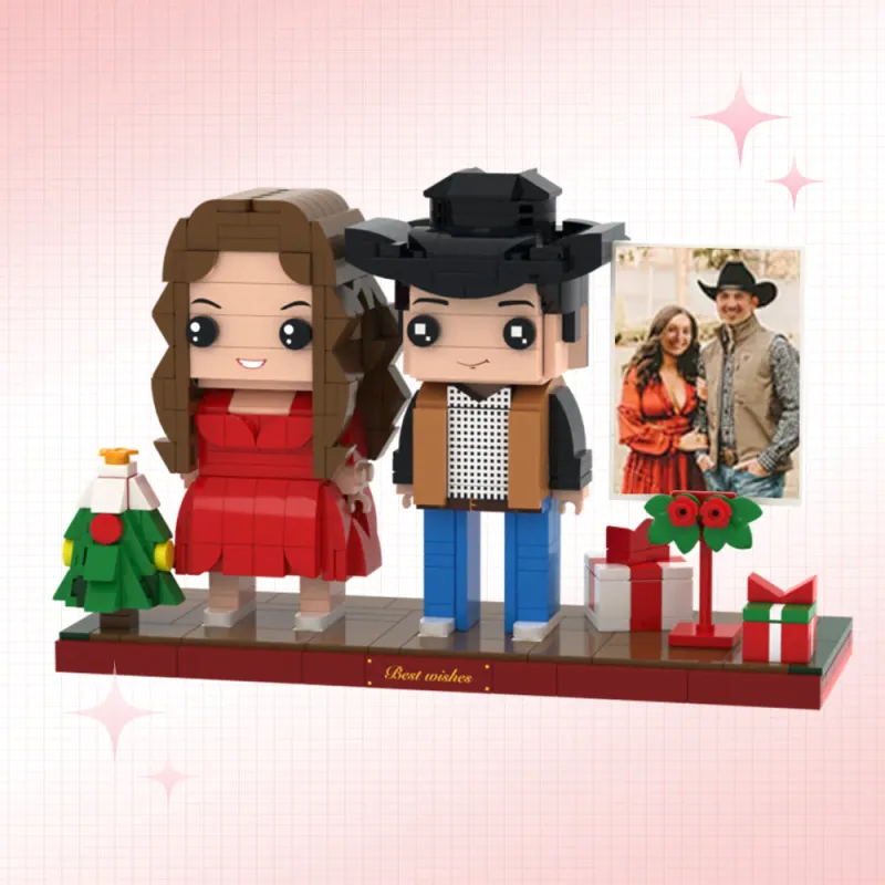 Kerstfiguren van bouwstenen, volledig aanpasbaar, voor 2 personen, fotolijst, gepersonaliseerde bouwstenenfiguren, kerstcadeau voor een stel