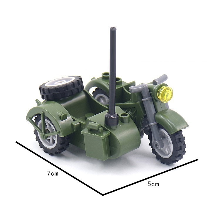 Driewielige motorfietsen met militair thema, een serie driewielige motorfietsen in verschillende kleuren, compatibel met bouwblokaccessoires.