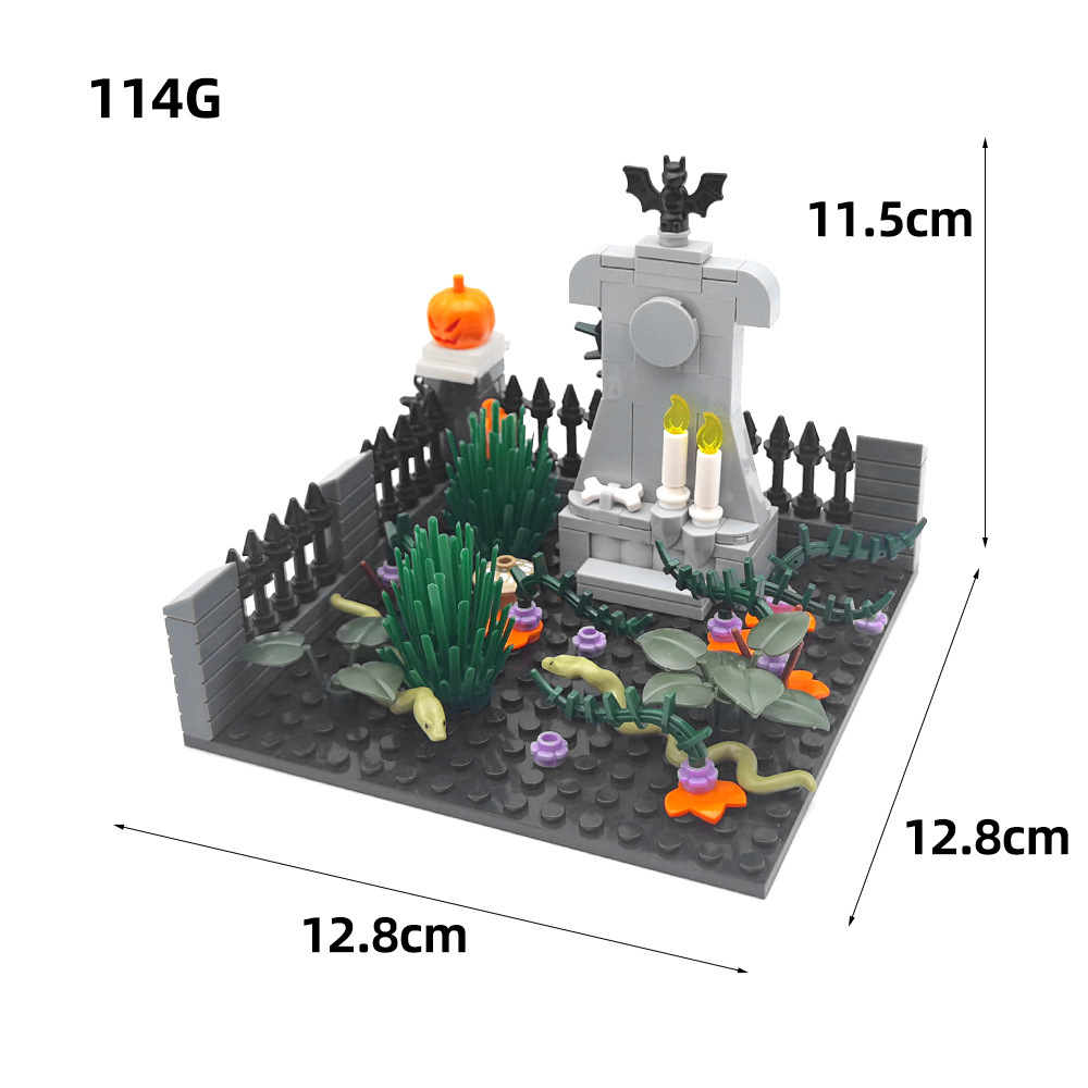 Halloween decoratie: bouwblokken, spook en god van de dood, begraafplaats, straatbeeld, MOC-scène, ornamenten