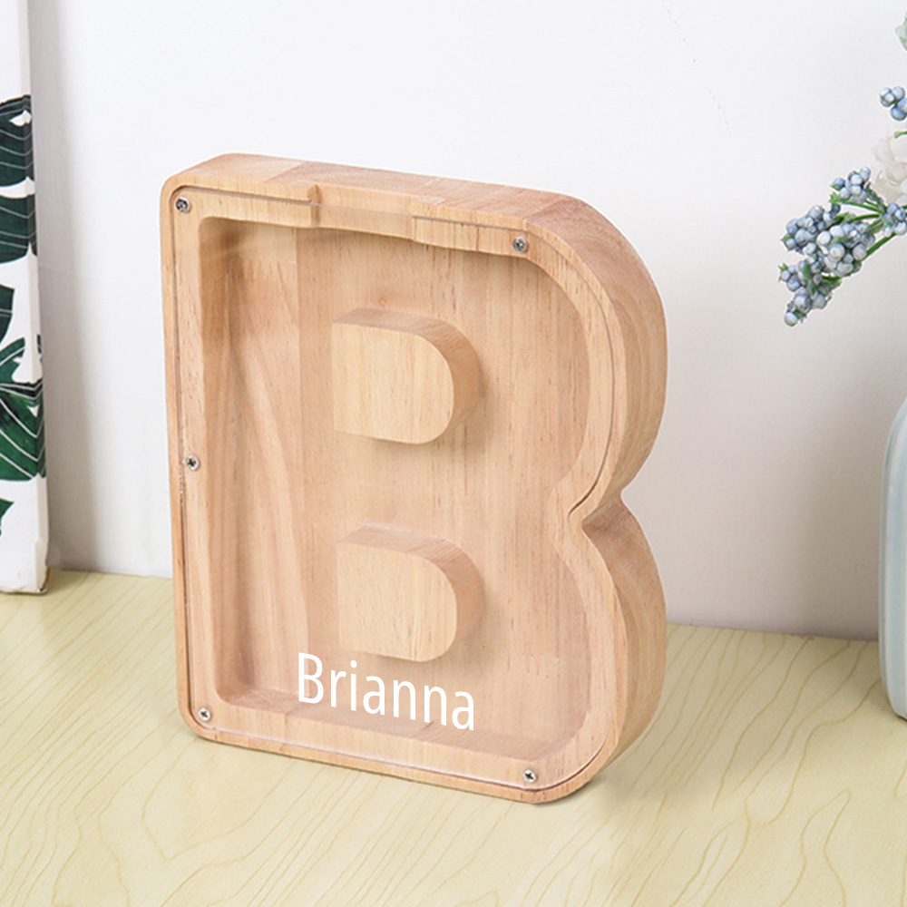 Gepersonaliseerde spaarpot met lettermotief + opbergruimte voor knutselspullen – Dubbel design van hout en acryl