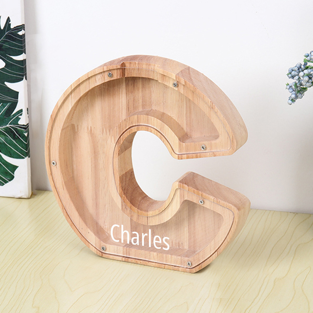 Gepersonaliseerde spaarpot met lettermotief + opbergruimte voor knutselspullen – Dubbel design van hout en acryl