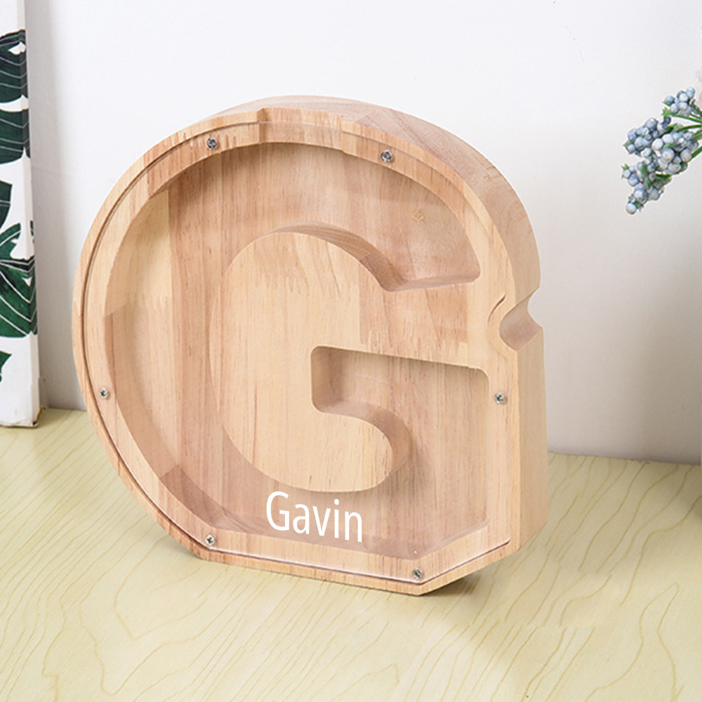 Gepersonaliseerde spaarpot met lettermotief + opbergruimte voor knutselspullen – Dubbel design van hout en acryl