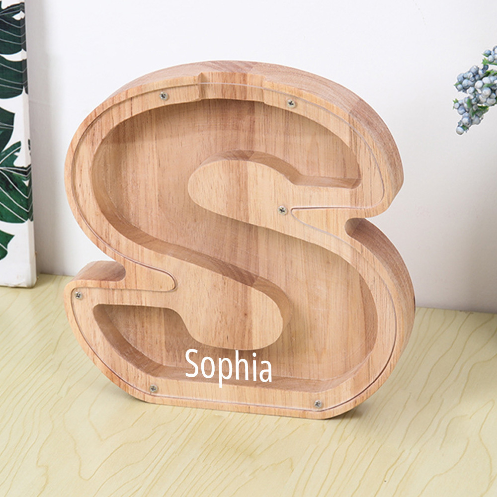 Gepersonaliseerde spaarpot met lettermotief + opbergruimte voor knutselspullen – Dubbel design van hout en acryl