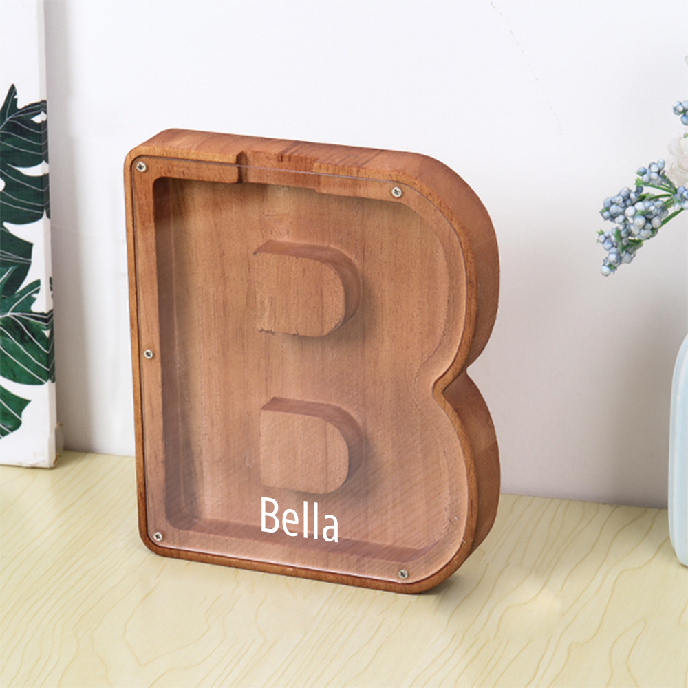 Gepersonaliseerde spaarpot met lettermotief + opbergruimte voor knutselspullen – Dubbel design van hout en acryl