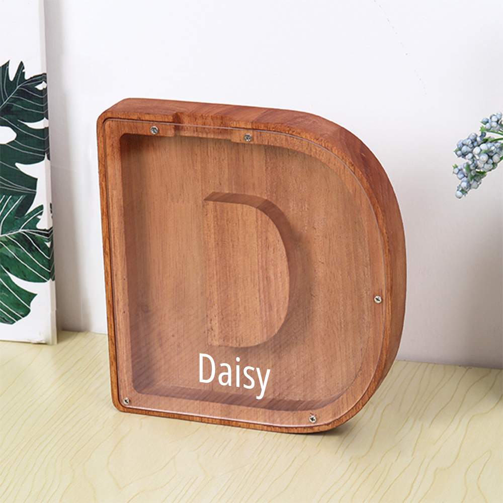 Gepersonaliseerde spaarpot met lettermotief + opbergruimte voor knutselspullen – Dubbel design van hout en acryl