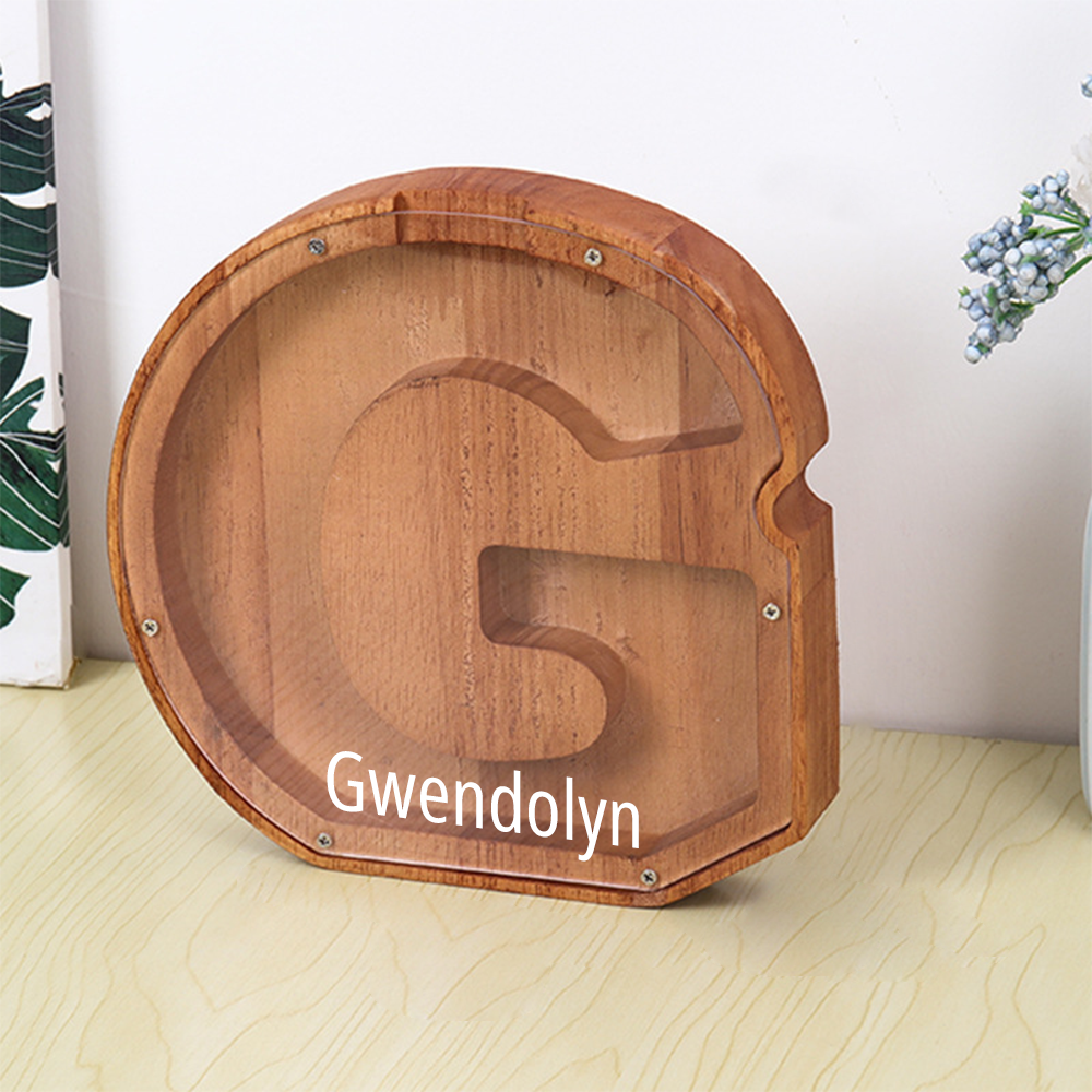 Gepersonaliseerde spaarpot met lettermotief + opbergruimte voor knutselspullen – Dubbel design van hout en acryl