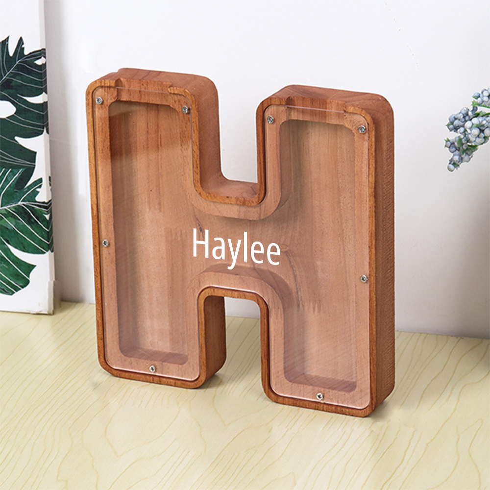Gepersonaliseerde spaarpot met lettermotief + opbergruimte voor knutselspullen – Dubbel design van hout en acryl