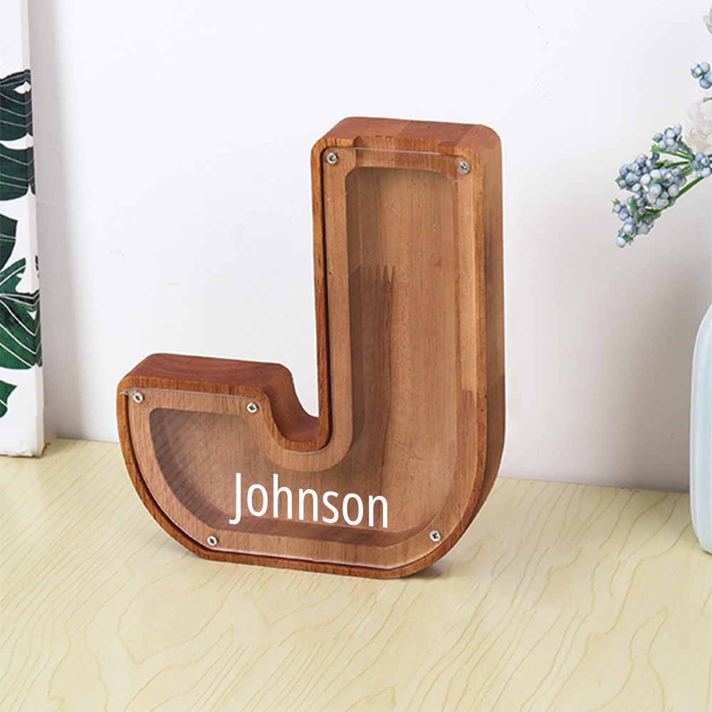 Gepersonaliseerde spaarpot met lettermotief + opbergruimte voor knutselspullen – Dubbel design van hout en acryl