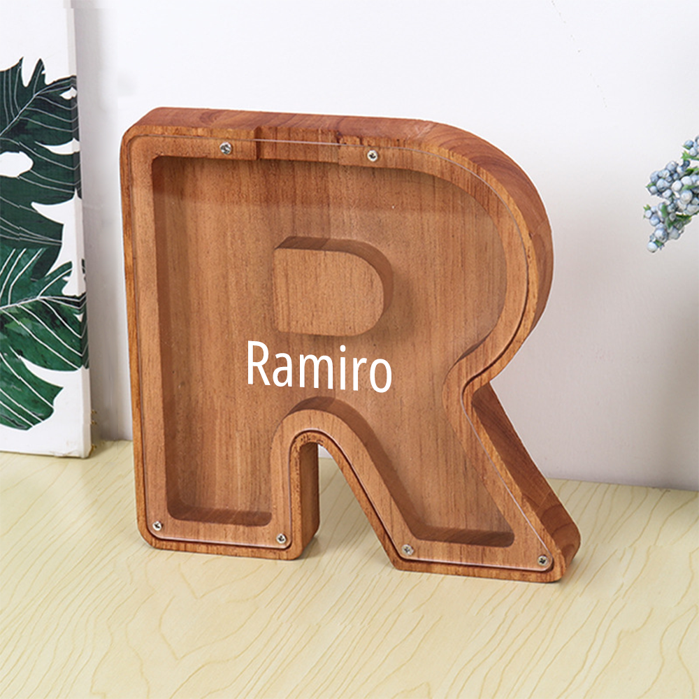 Gepersonaliseerde spaarpot met lettermotief + opbergruimte voor knutselspullen – Dubbel design van hout en acryl