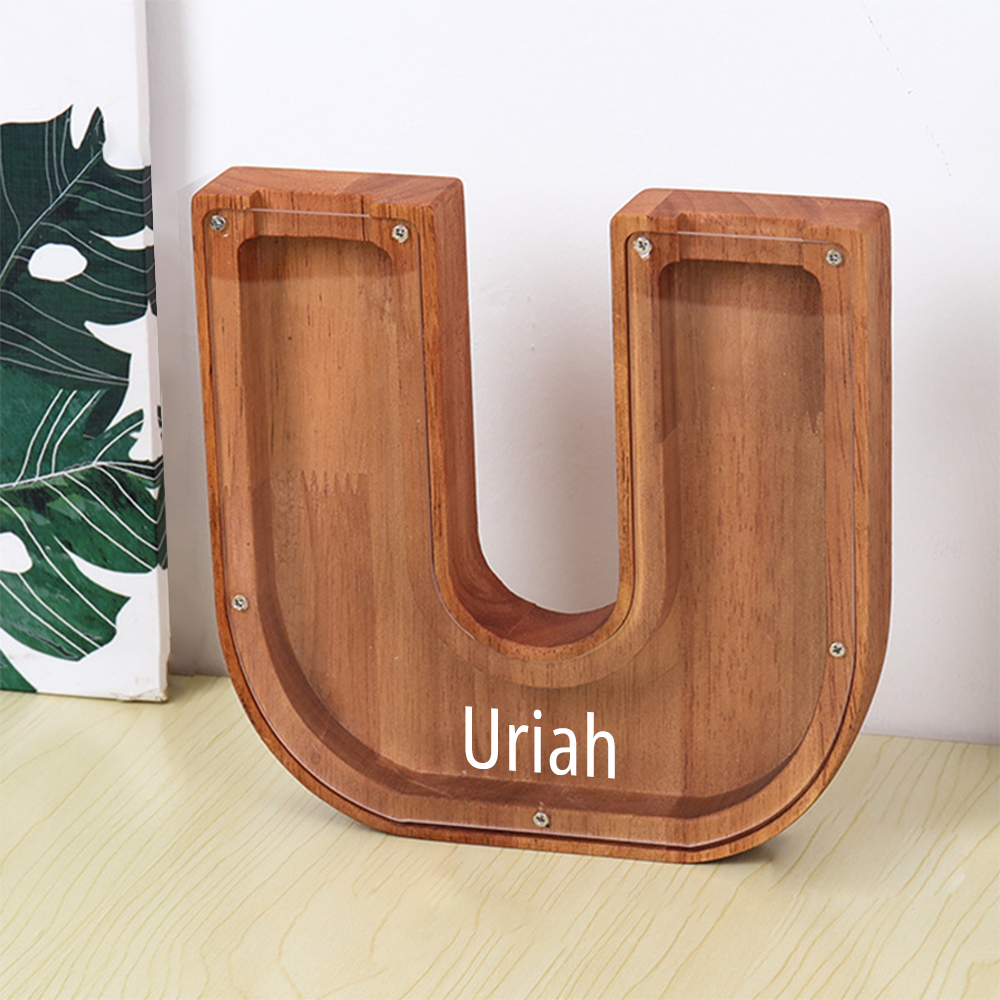 Gepersonaliseerde spaarpot met lettermotief + opbergruimte voor knutselspullen – Dubbel design van hout en acryl