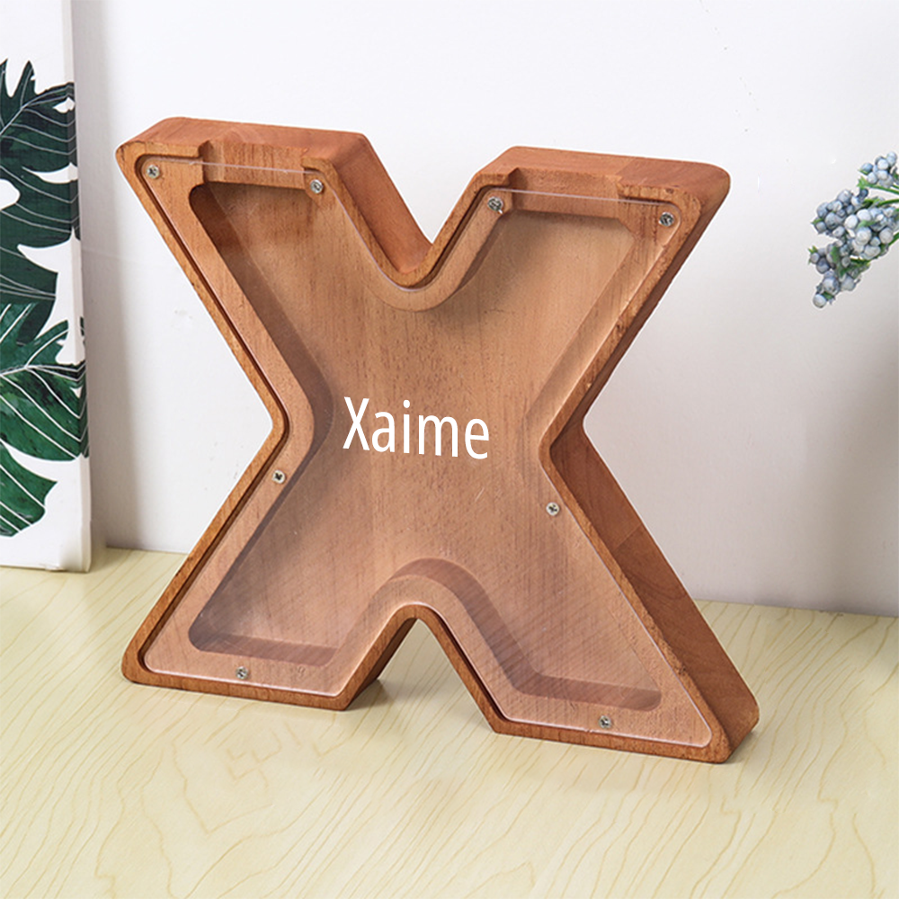 Gepersonaliseerde spaarpot met lettermotief + opbergruimte voor knutselspullen – Dubbel design van hout en acryl
