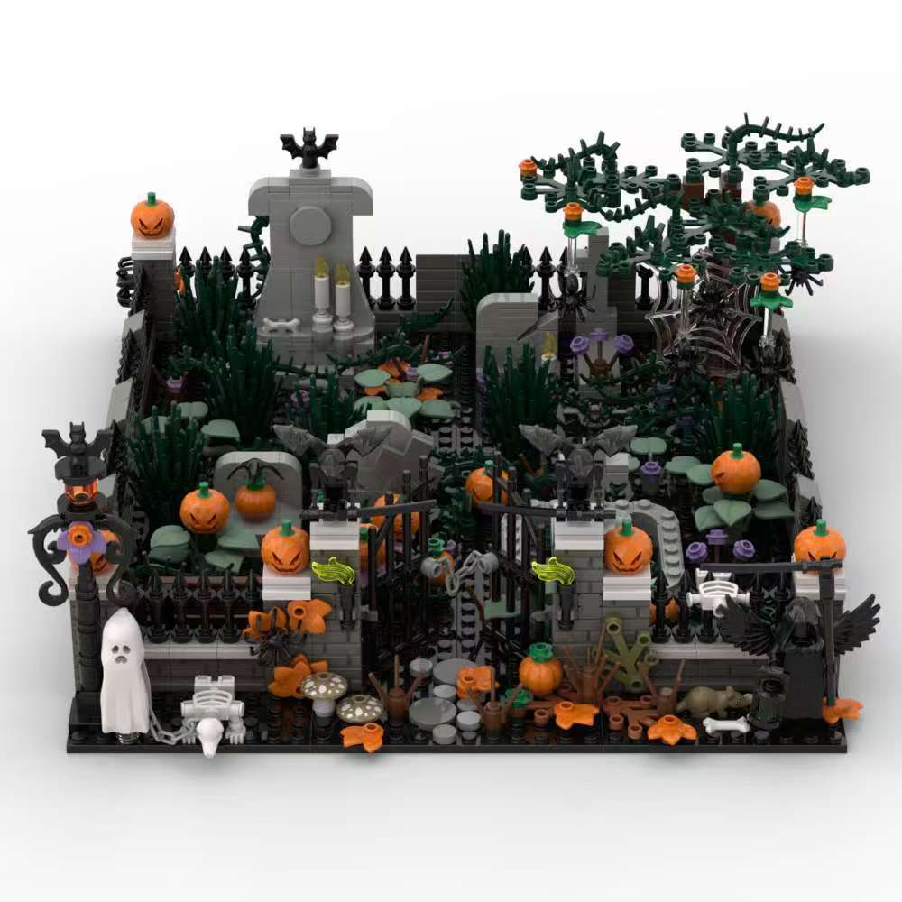 Halloween decoratie: bouwblokken, spook en god van de dood, begraafplaats, straatbeeld, MOC-scène, ornamenten