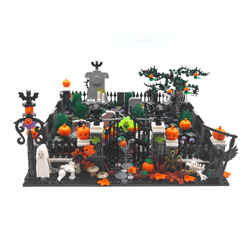 Halloween decoratie: bouwblokken, spook en god van de dood, begraafplaats, straatbeeld, MOC-scène, ornamenten