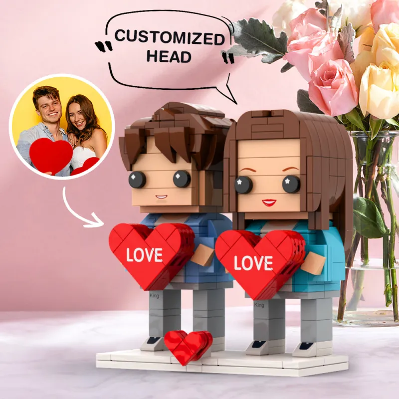 Gepersonaliseerde bouwsteenfiguurtjes voor stellen, stelletje met hartje, bouwsteenfiguurtjes, doe-het-zelf Valentijnsdagcadeau van kleine bouwsteentjes