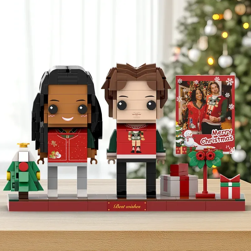 Kerstfiguren van bouwstenen, volledig aanpasbaar, voor 2 personen, fotolijst, gepersonaliseerde bouwstenenfiguren, kerstcadeau voor een stel