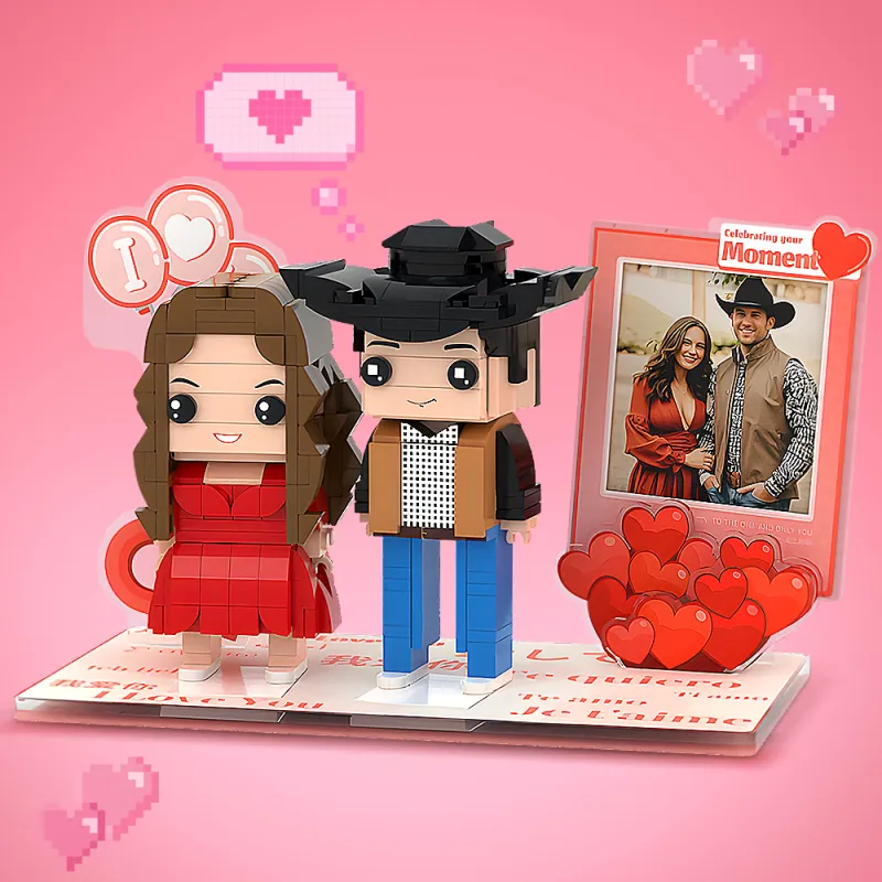 Gepersonaliseerde fotofiguren van een stel op bouwstenen, zelfbouwspeelgoed met kleine blokjes, een uniek Valentijnsdagcadeau