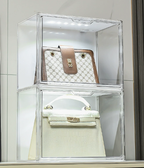 Vetrina per modellini MOC con luci, mobiletto trasparente luminoso per la conservazione di statuette, coperchio antipolvere trasparente a LED attivato dal suono