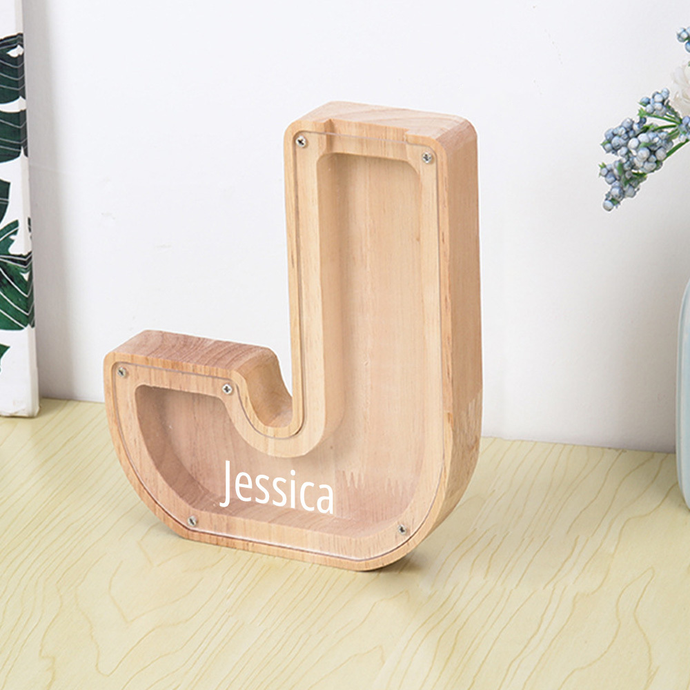 Salvadanaio personalizzato con lettera e contenitore per materiali creativi – Design combinato in legno e acrilico