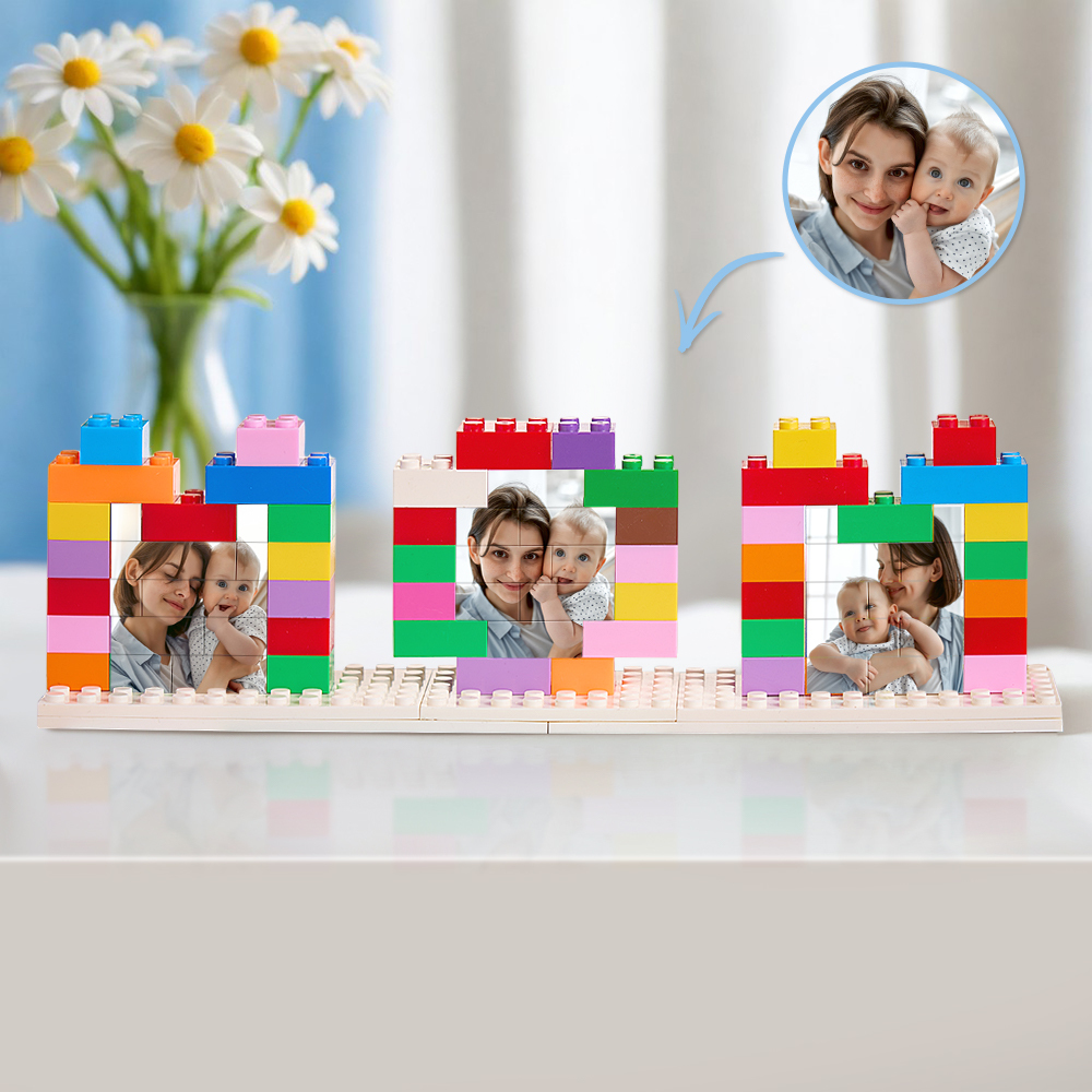 Puzzle di mattoncini personalizzati con foto della mamma, regali personalizzati per la festa della mamma con blocchi fotografici colorati.