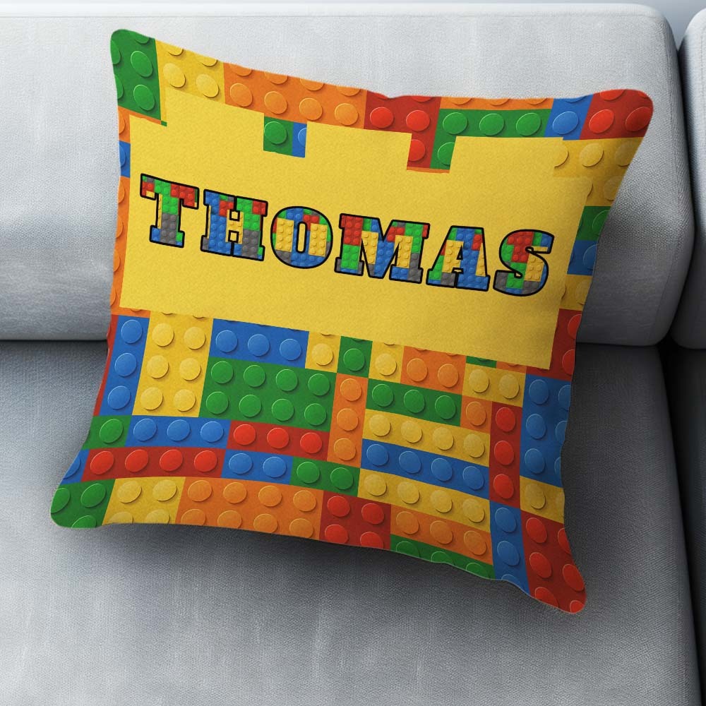Cuscino personalizzato con mattoncini da costruzione e fodera, cuscino decorativo per la casa dei bambini, il regalo perfetto per il compleanno di un appassionato di mattoncini.