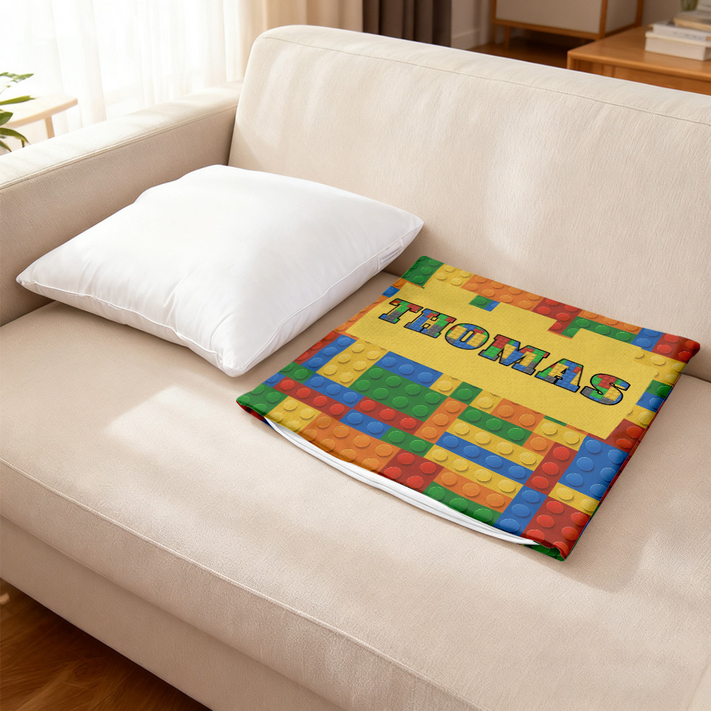 Cuscino personalizzato con mattoncini da costruzione e fodera, cuscino decorativo per la casa dei bambini, il regalo perfetto per il compleanno di un appassionato di mattoncini.