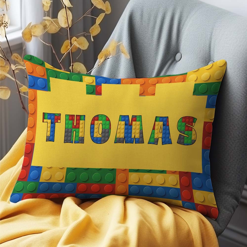 Cuscino personalizzato con mattoncini da costruzione e fodera, cuscino decorativo per la casa dei bambini, il regalo perfetto per il compleanno di un appassionato di mattoncini.