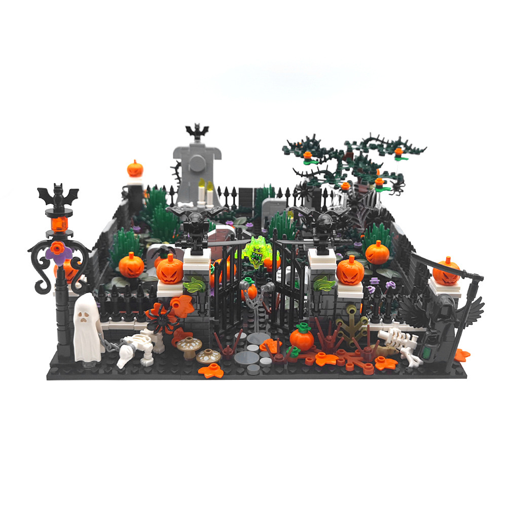 Decorazioni di Halloween, blocchi da costruzione, scena di strada del cimitero con fantasmi e dio della morte, ornamenti per scene MOC.