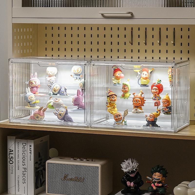 Vetrina per modellini MOC con luci, mobiletto trasparente luminoso per la conservazione di statuette, coperchio antipolvere trasparente a LED attivato dal suono