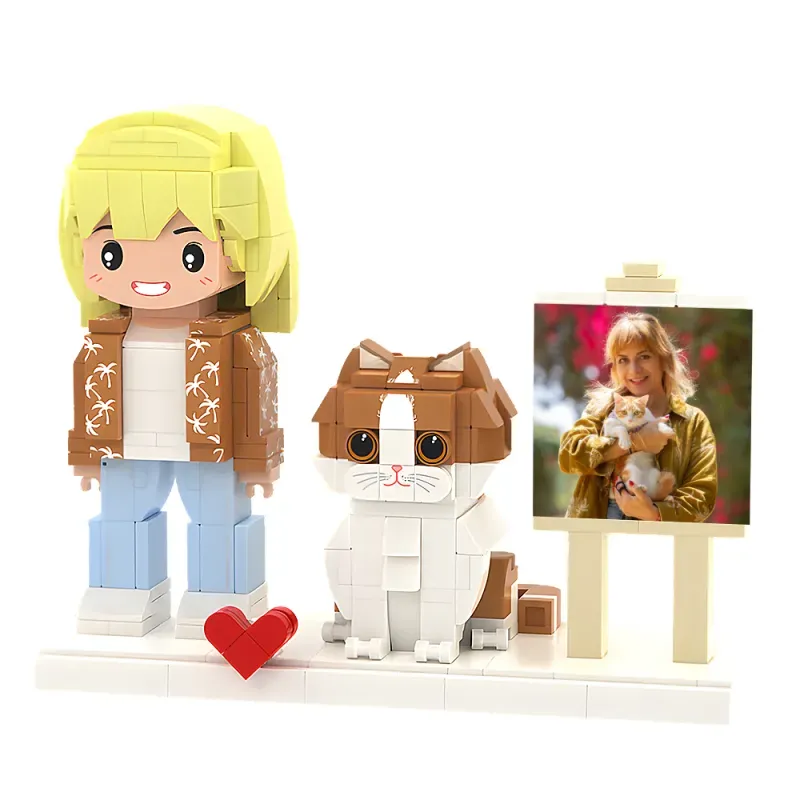 Figure in mattoncini personalizzate a figura intera con cane o gatto, set di giocattoli personalizzati con figure in mattoncini