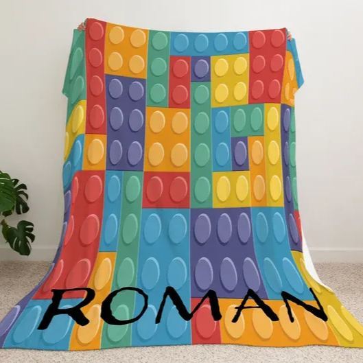 Coperta decorativa personalizzata con nome a forma di mattoncini, coperta decorativa personalizzata con mattoncini per divano.