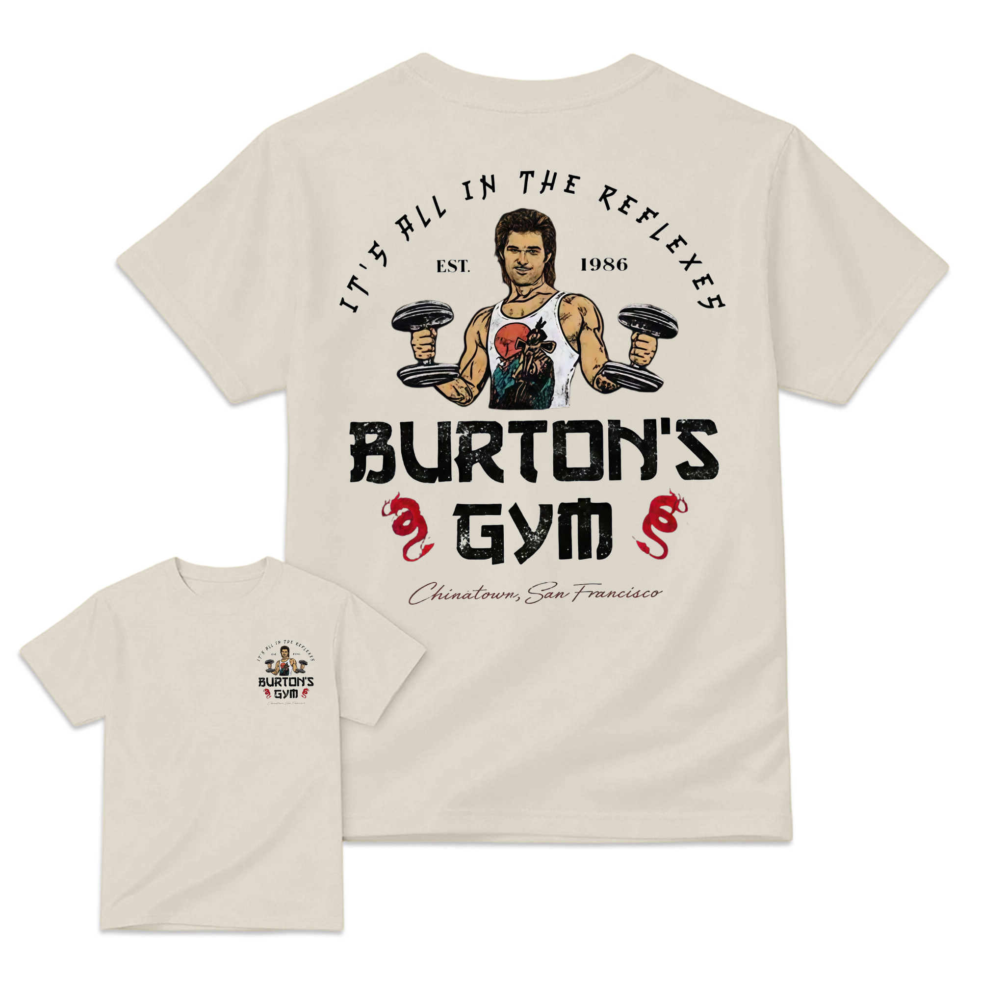 J4ck Burt0n T-Shirt, Burt0n's Gym "It's All In The Reflexes" Graphic Tee, Vintage 80s Action Movie Tribute