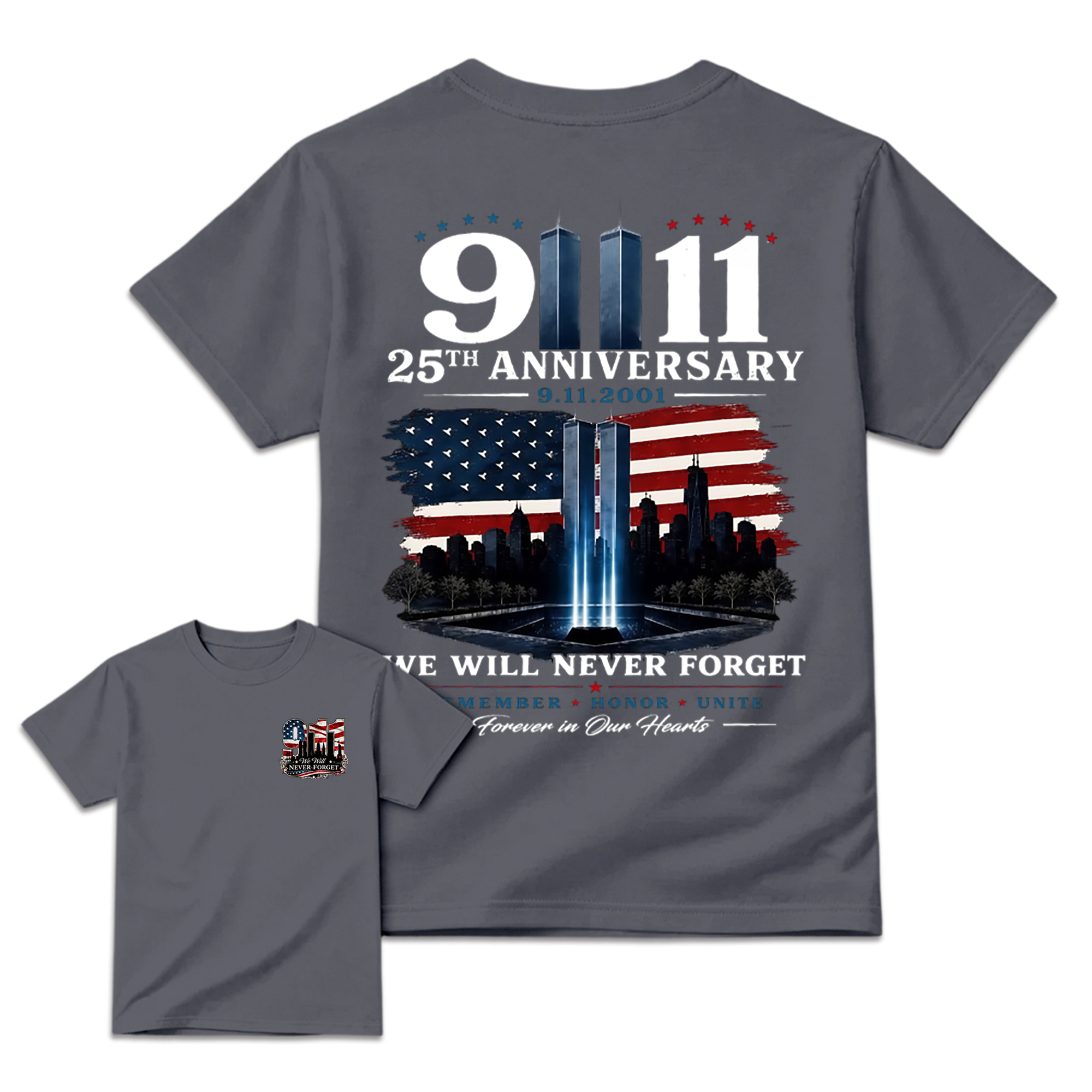 9.11 25th Anniversary Memorial T Shirt, Patriotic Twin Towers And American Flag Two Sided Graphic, September 11 Remembrance Gift For Firefighter Families And Patriots