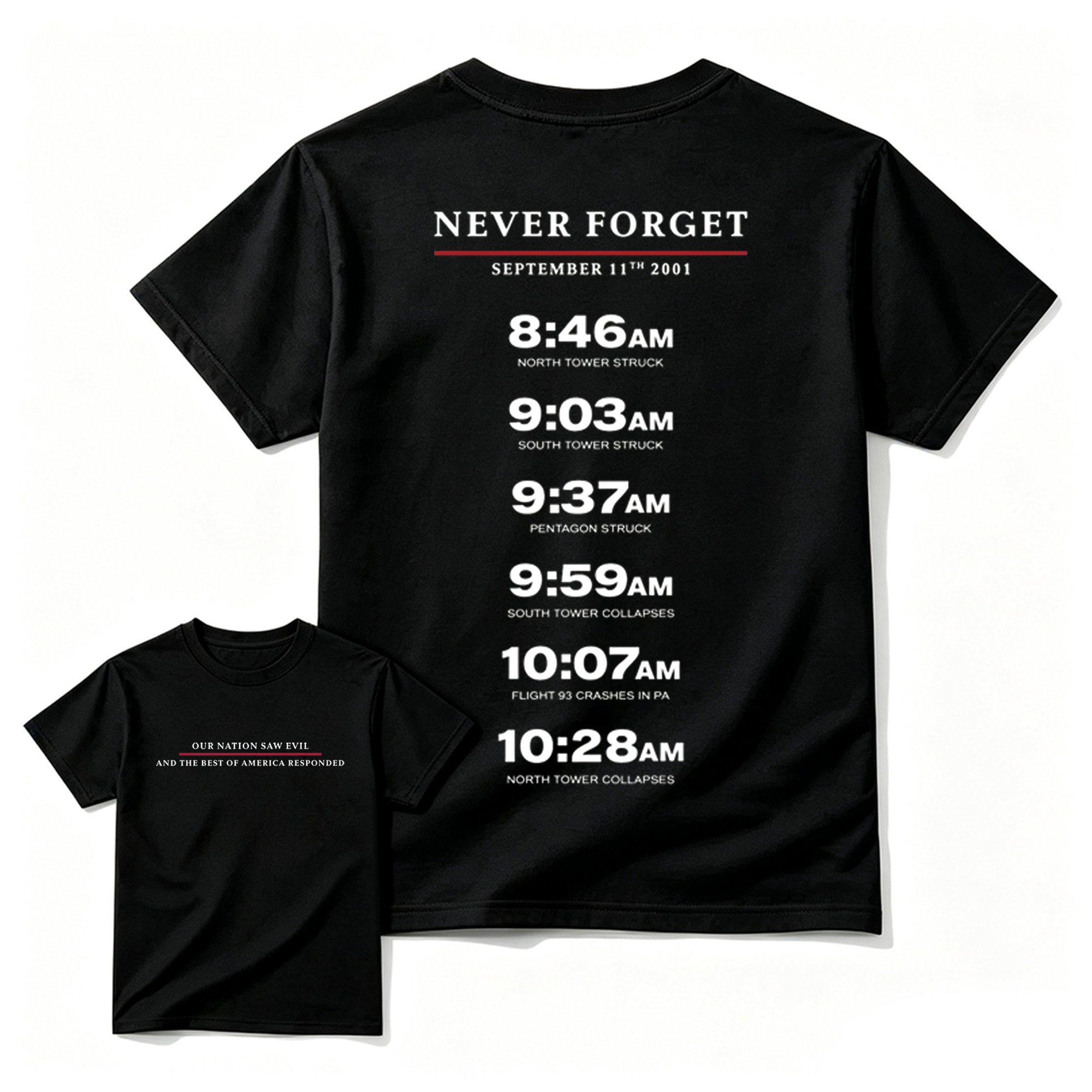 Never Forget September 11 Memorial Timeline T-Shirt Patriotic Remembrance Honor Gift
