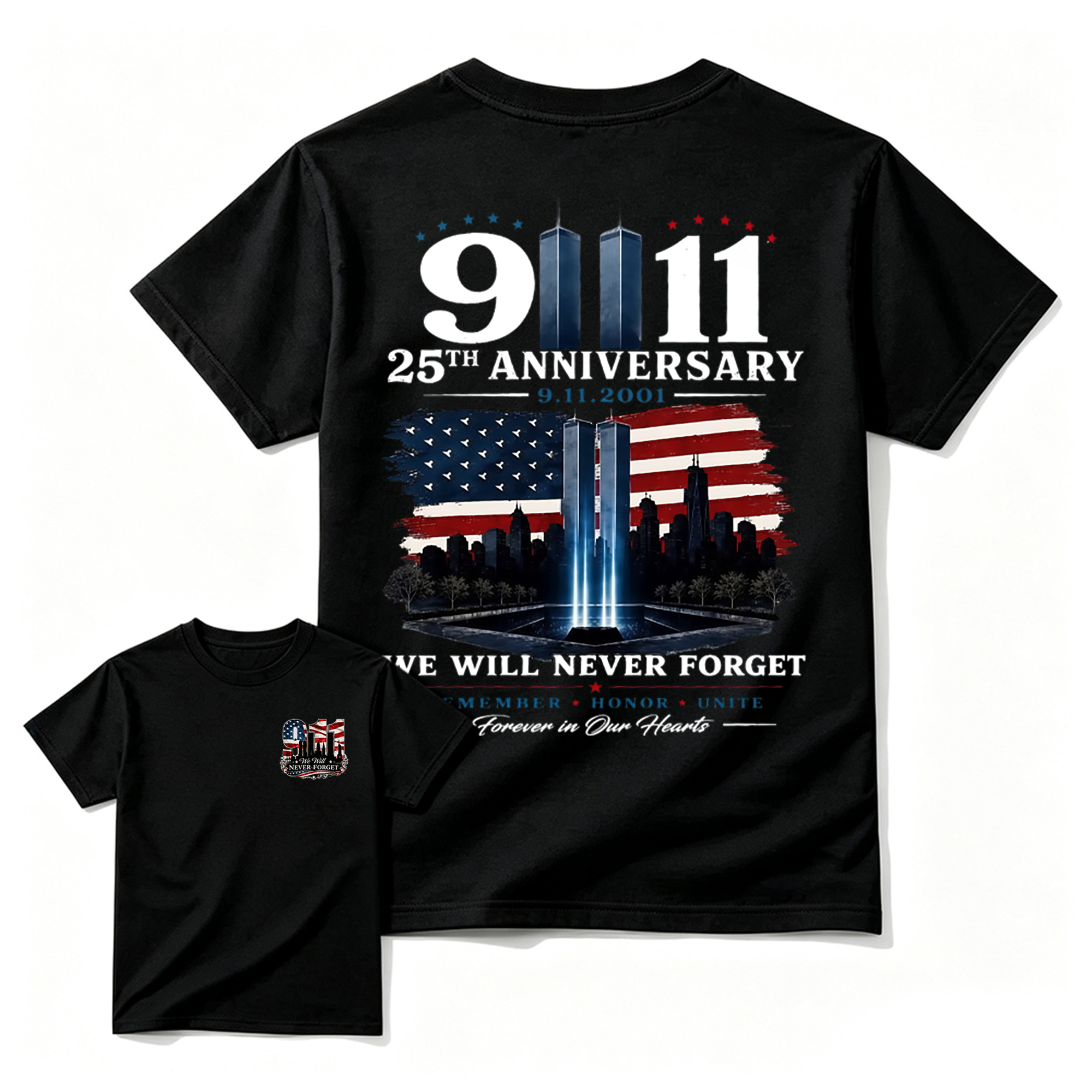 9.11 25th Anniversary Memorial T Shirt, Patriotic Twin Towers And American Flag Two Sided Graphic, September 11 Remembrance Gift For Firefighter Families And Patriots