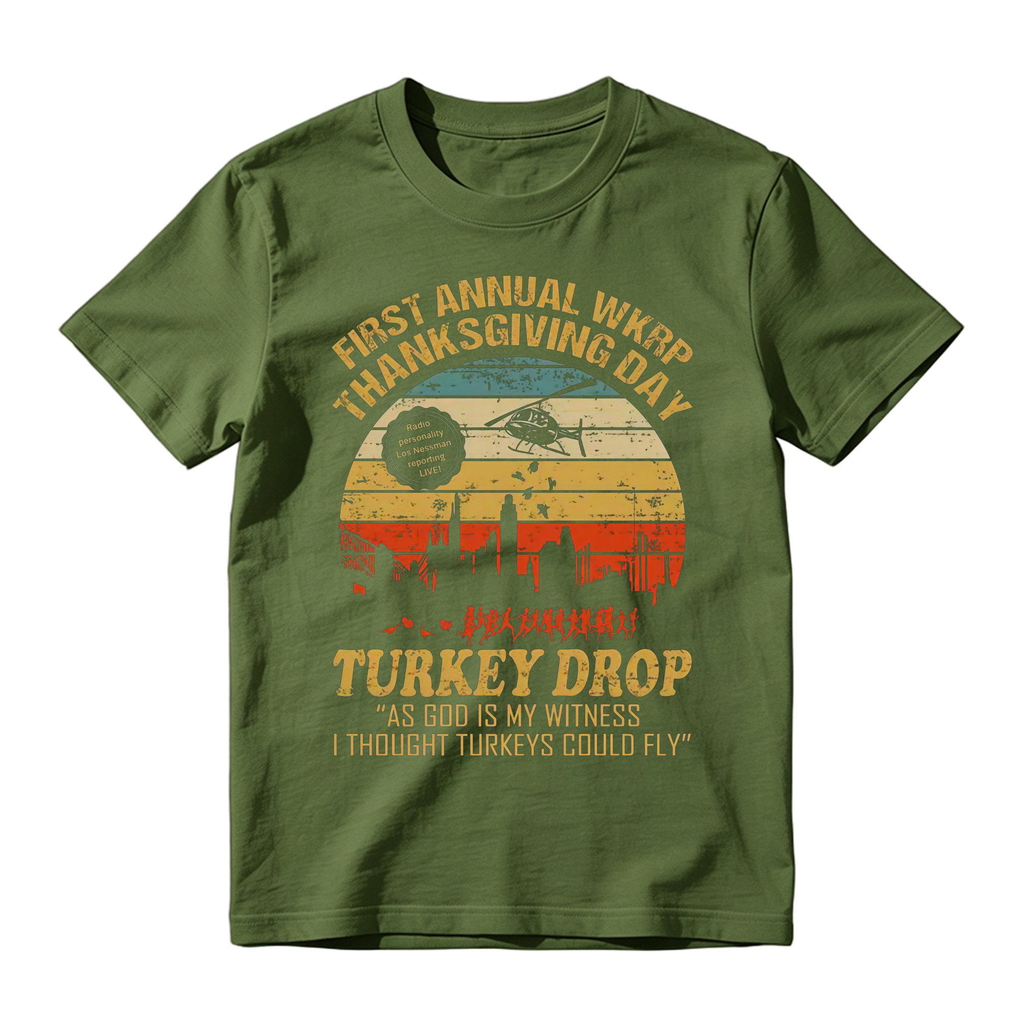 WKRP Thanksgiving Turkey Drop Graphic T-Shirt , As God Is My Witness I Thought Turkeys Could Fly Graphic Print, 70s TV Sitcom Retro Humor Top, Thanksgiving Fan Gift Streetwear