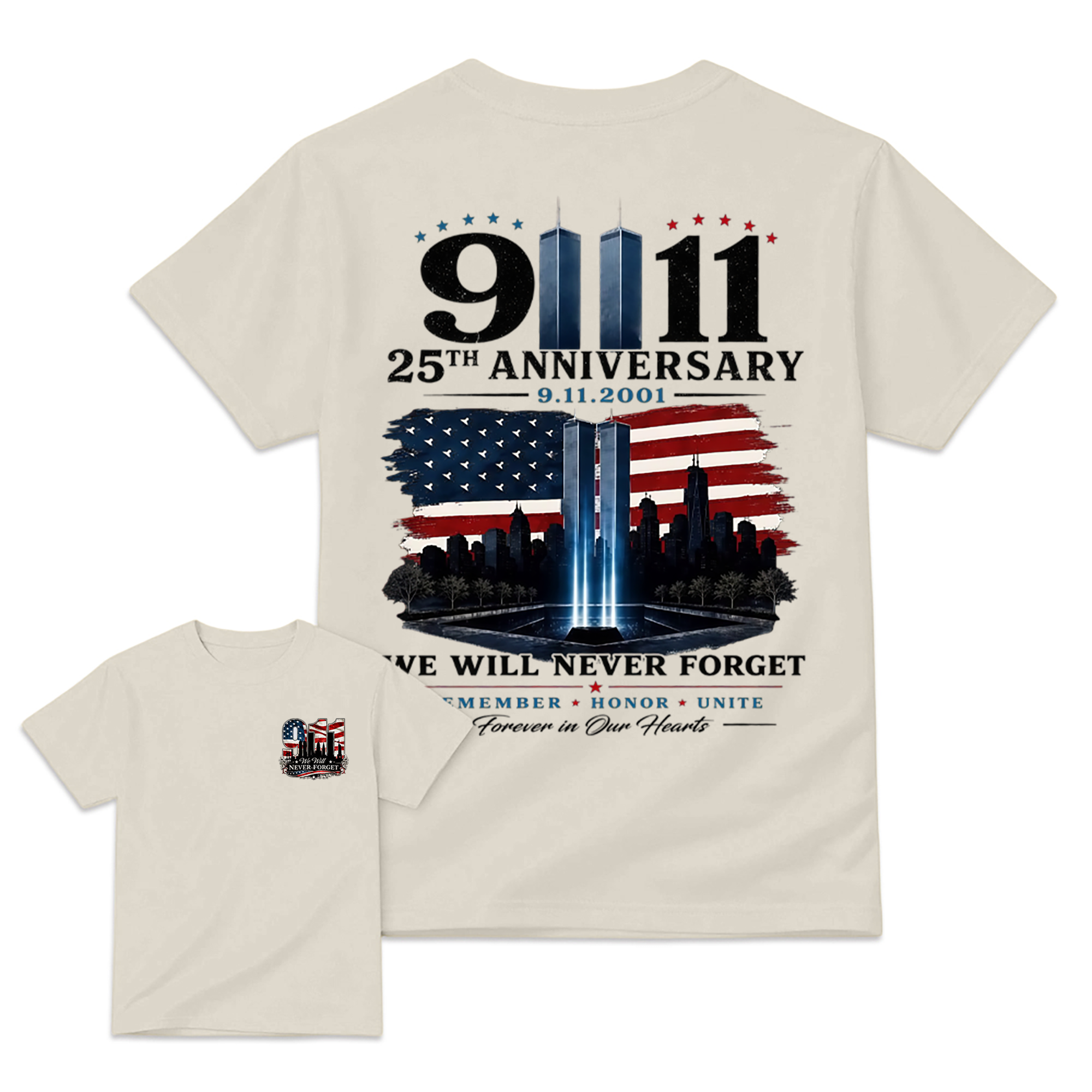 9.11 25th Anniversary Memorial T Shirt, Patriotic Twin Towers And American Flag Two Sided Graphic, September 11 Remembrance Gift For Firefighter Families And Patriots
