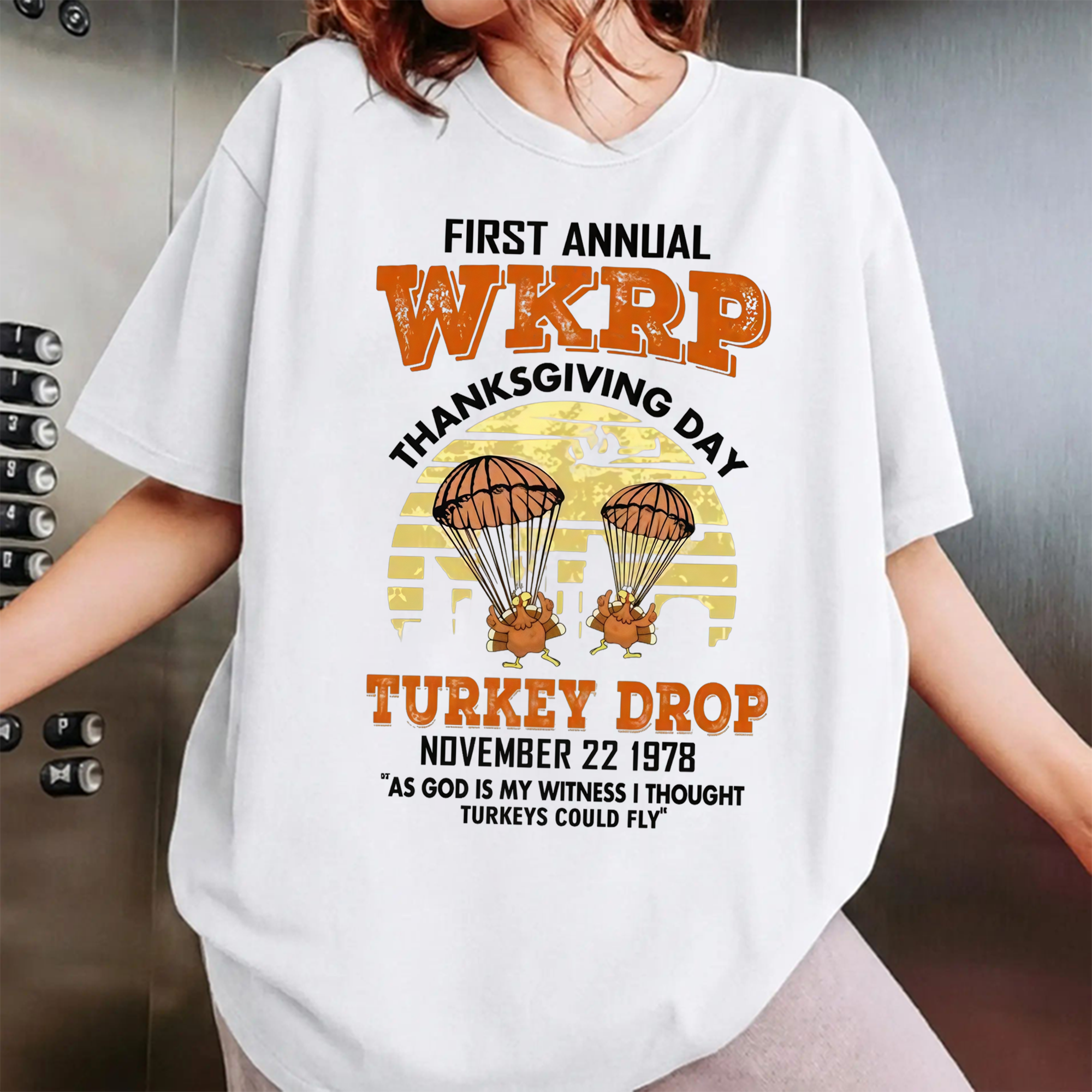 First Annual WKRP Turkey Drop 1978 Shirt, Funny Thanksgiving Vintage T-Shirt, As God Is My Witness I Thought Turkeys Could Fly Tee, Classic Retro Turkey Day Graphic