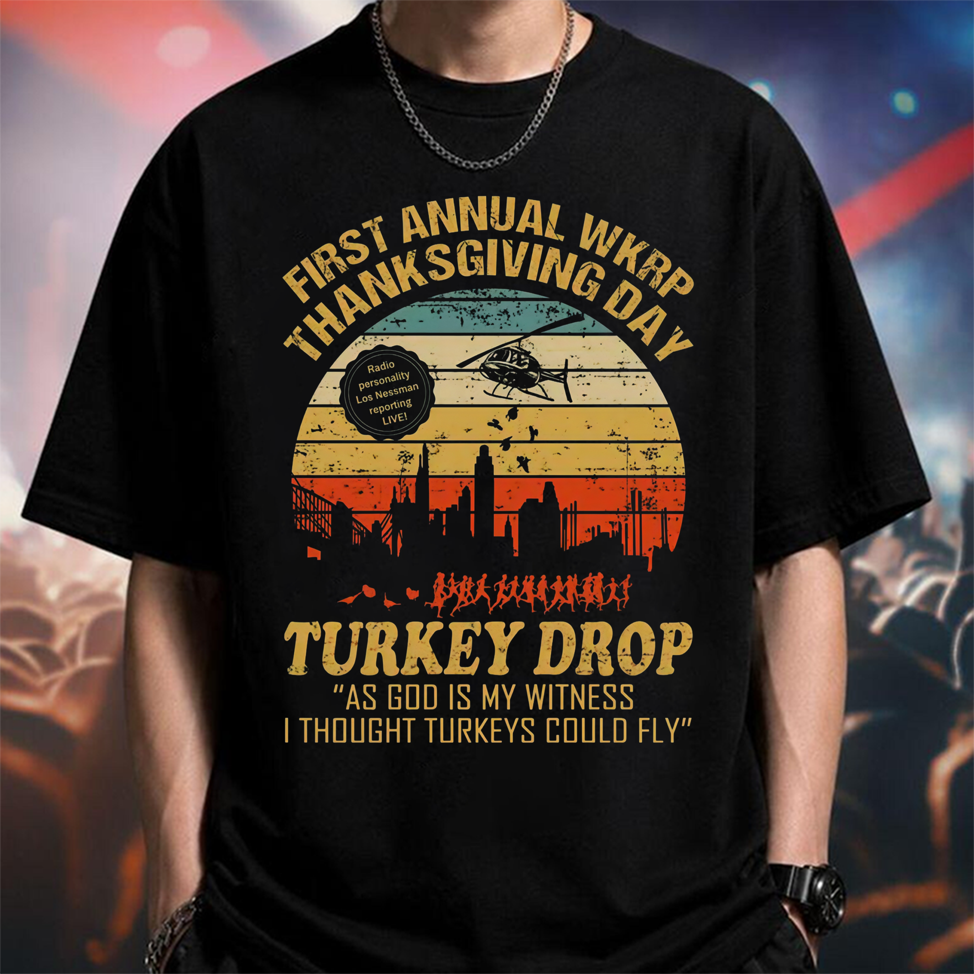 WKRP Thanksgiving Turkey Drop Graphic T-Shirt , As God Is My Witness I Thought Turkeys Could Fly Graphic Print, 70s TV Sitcom Retro Humor Top, Thanksgiving Fan Gift Streetwear