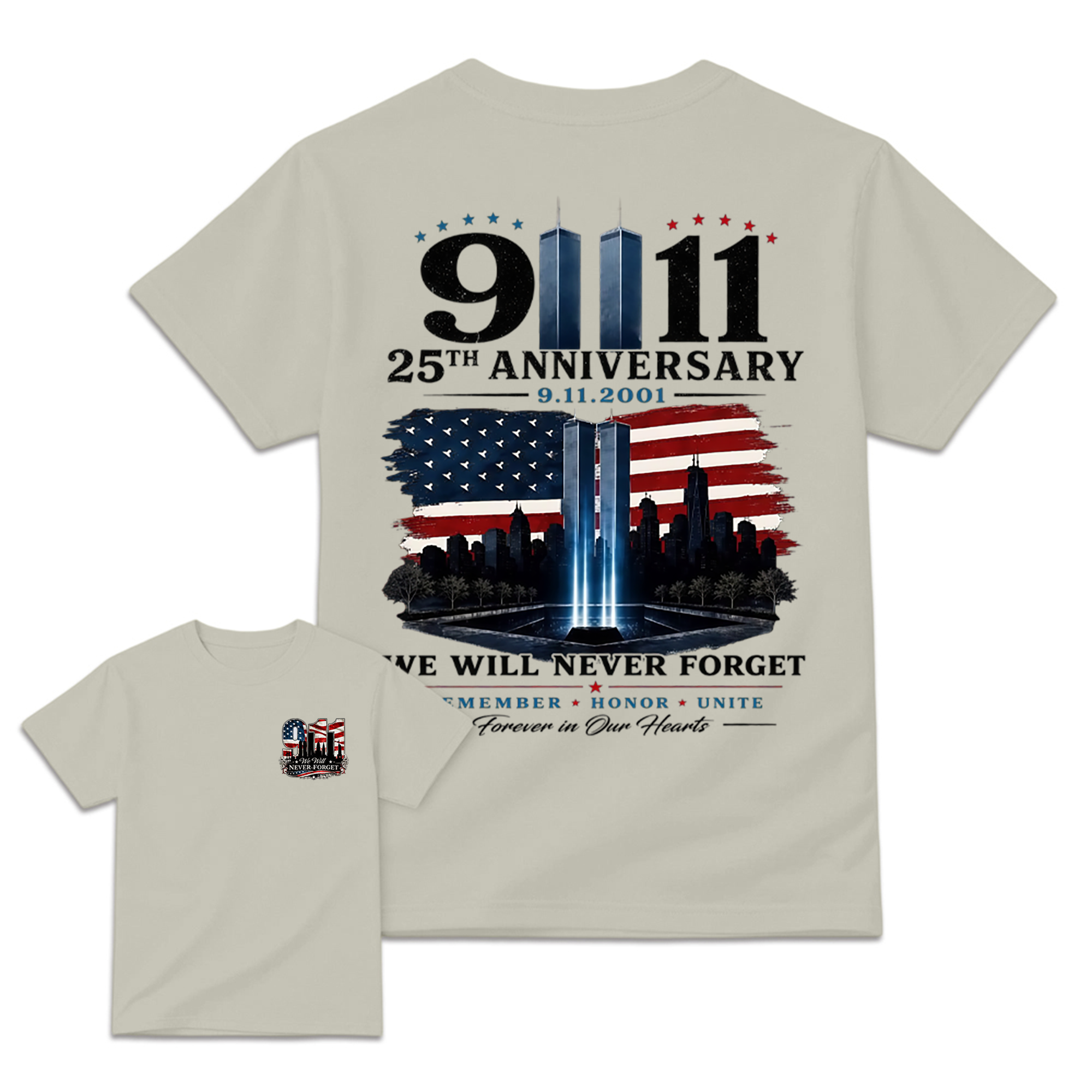 9.11 25th Anniversary Memorial T Shirt, Patriotic Twin Towers And American Flag Two Sided Graphic, September 11 Remembrance Gift For Firefighter Families And Patriots