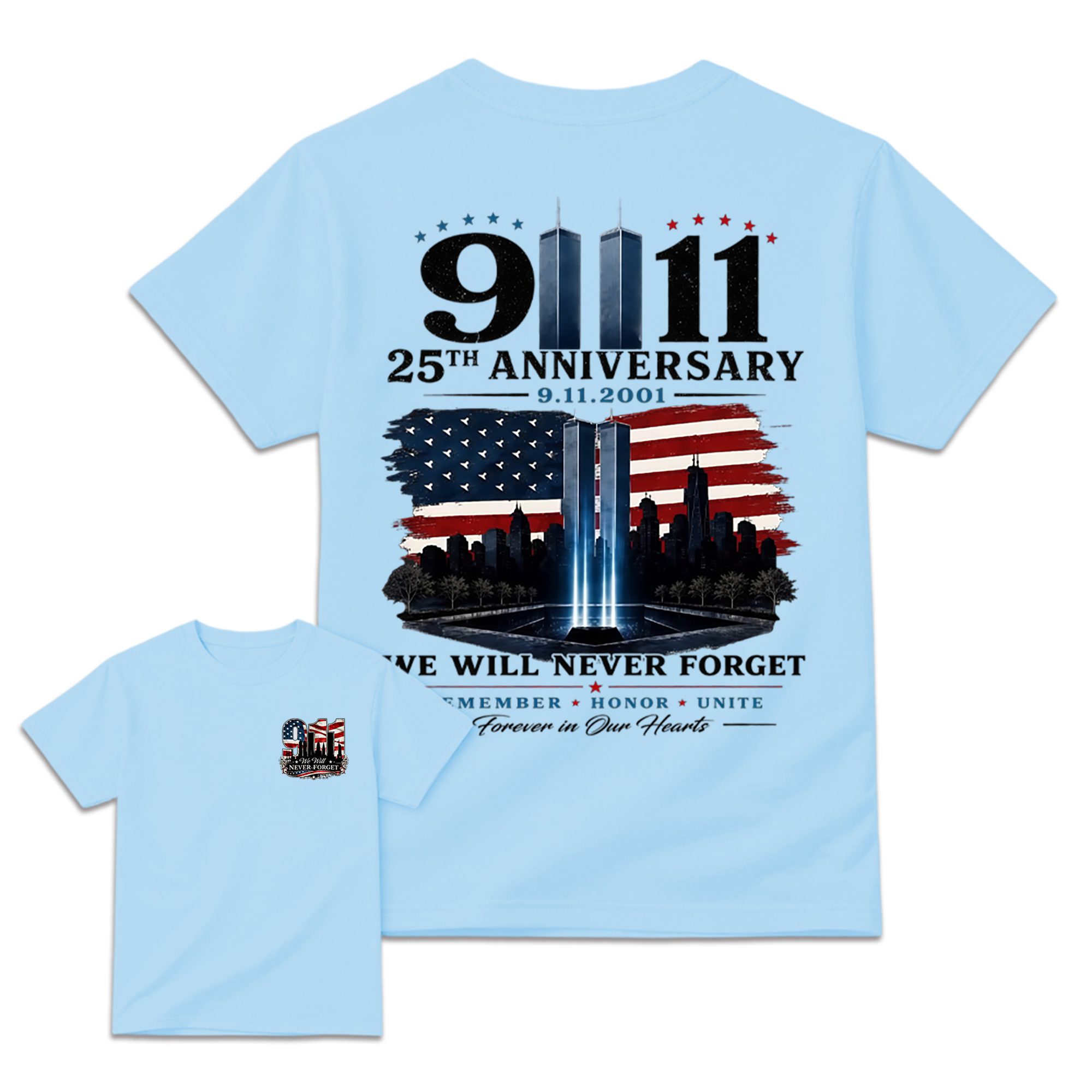 9.11 25th Anniversary Memorial T Shirt, Patriotic Twin Towers And American Flag Two Sided Graphic, September 11 Remembrance Gift For Firefighter Families And Patriots