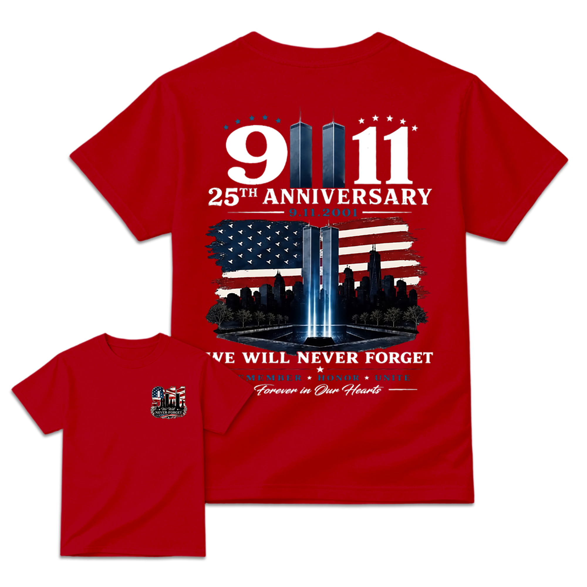 9.11 25th Anniversary Memorial T Shirt, Patriotic Twin Towers And American Flag Two Sided Graphic, September 11 Remembrance Gift For Firefighter Families And Patriots