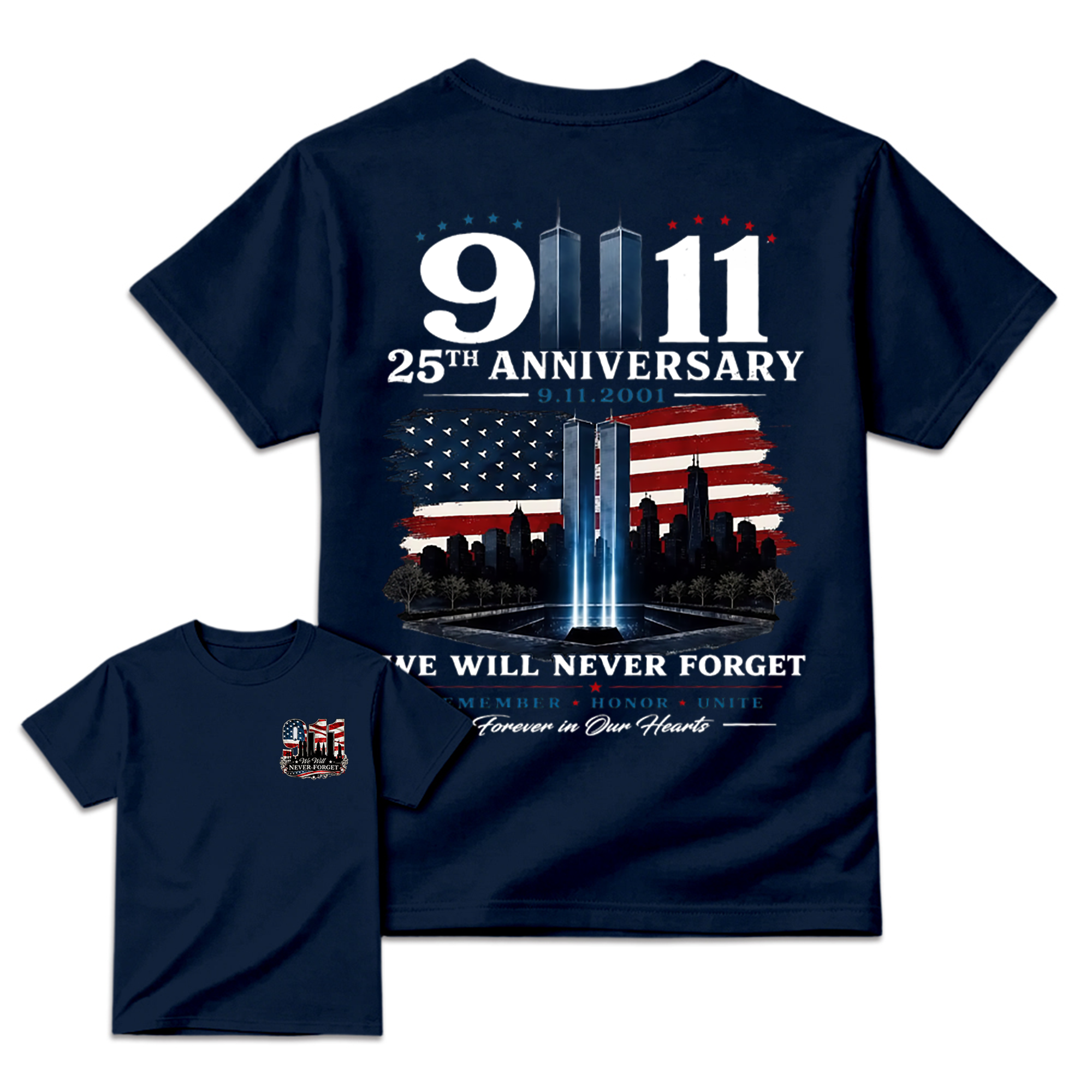 9.11 25th Anniversary Memorial T Shirt, Patriotic Twin Towers And American Flag Two Sided Graphic, September 11 Remembrance Gift For Firefighter Families And Patriots
