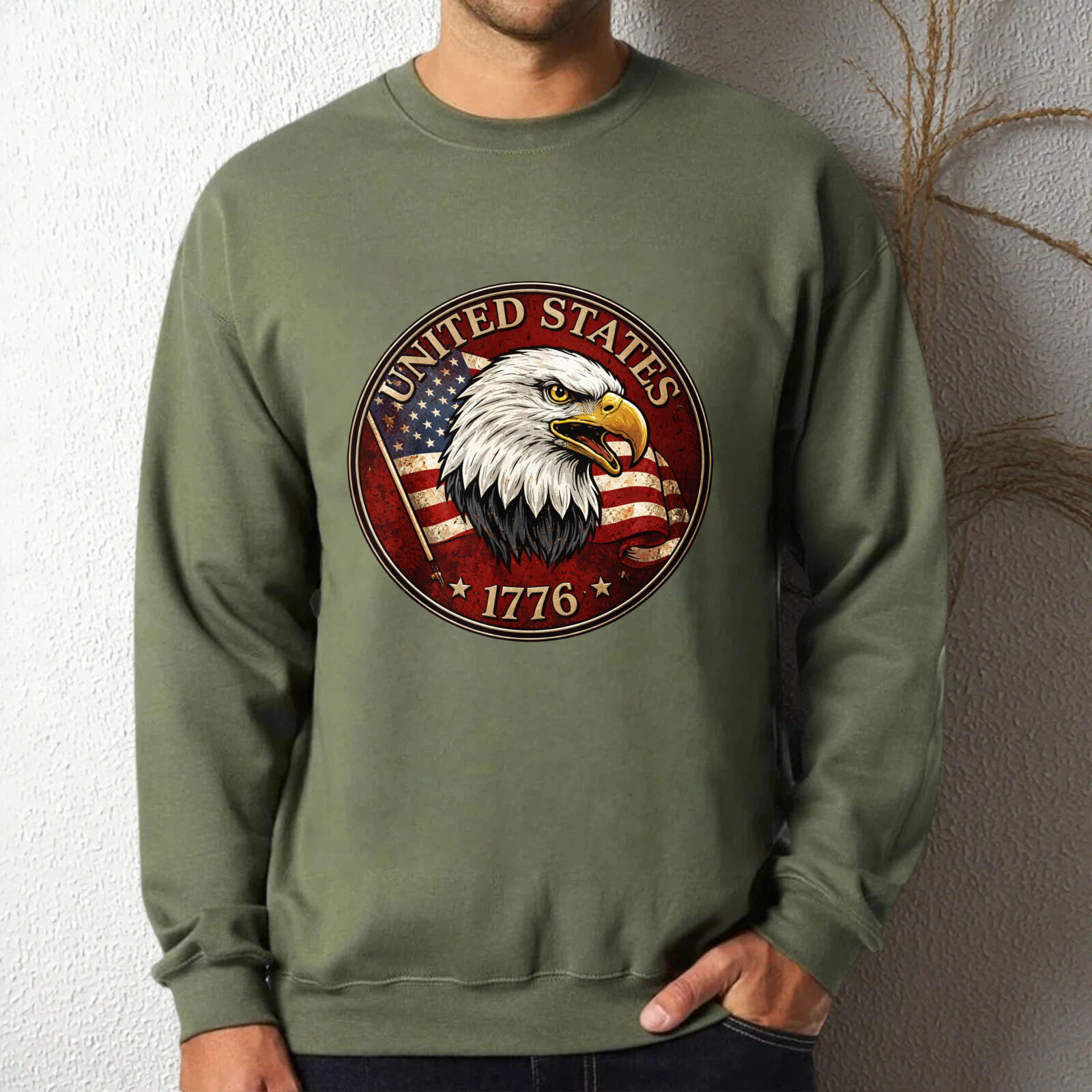 United States Eagle American Flag 1776 Sweatshirt Patriotic Crewneck Pullover Black