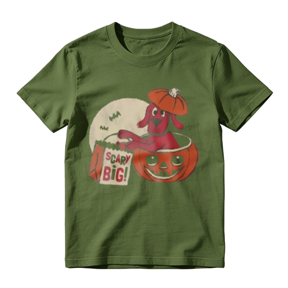 Cute Red Dog In Pumpkin Bucket With Scary Big Bag And Full Moon Halloween Graphic T-shirt