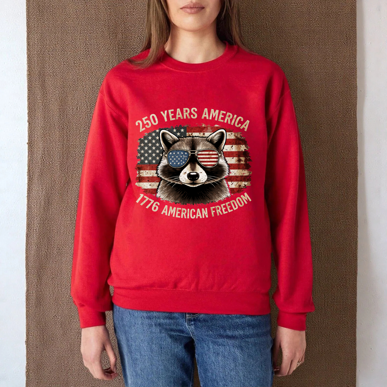 Racoon American Flag Sweatshirt 250 Years America 1776 American Freedom Patriotic Crewneck Pullover Shirt