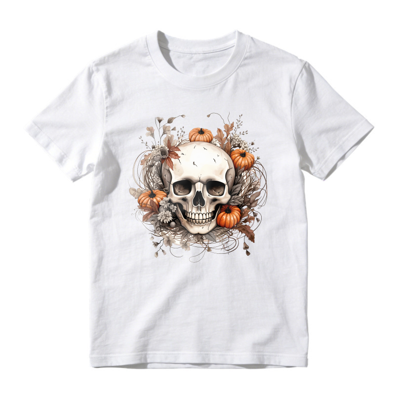 Autumn Skull With Pumpkins And Floral Wreath, Unisex Classic T-shirt