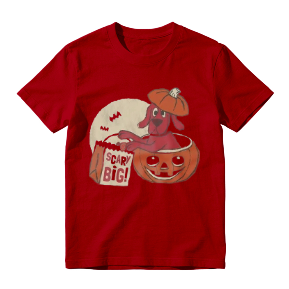 Cute Red Dog In Pumpkin Bucket With Scary Big Bag And Full Moon Halloween Graphic T-shirt
